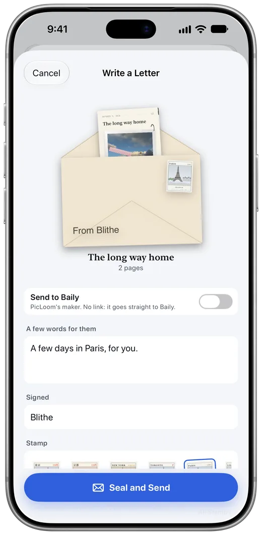 Writing an envelope in PicLoom: a journal page with a Paris stamp
