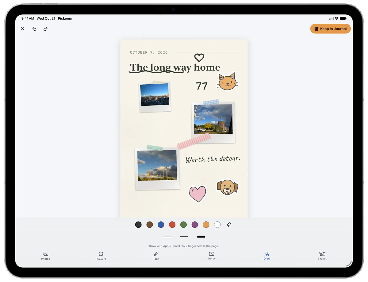 PicLoom on iPad: a wavy underline, hearts and an arrow drawn with Apple Pencil