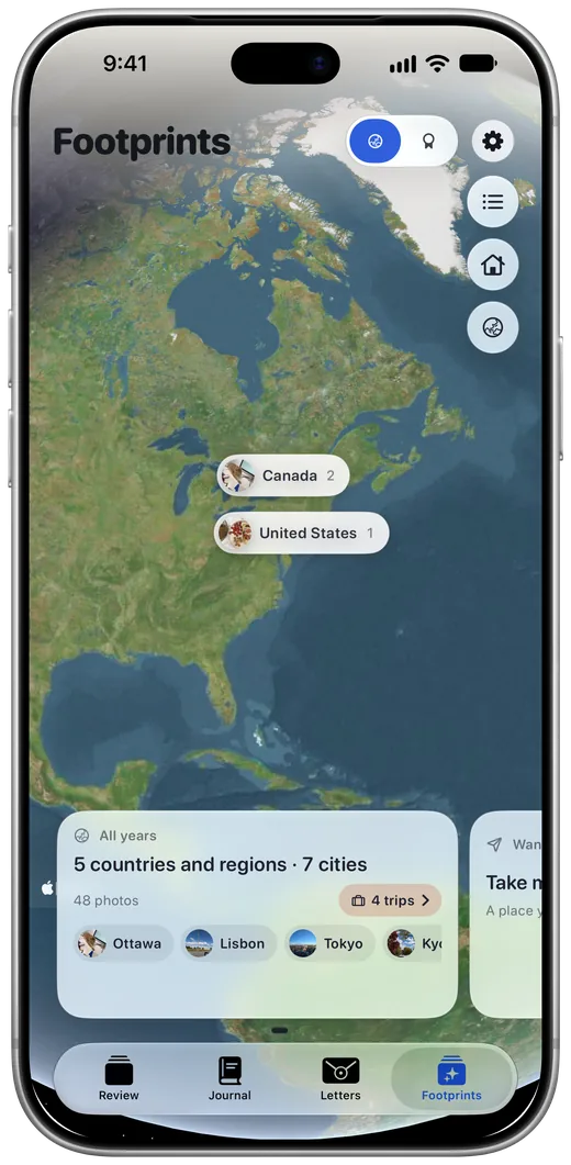 PicLoom's Footprints map with the countries and cities you've been to