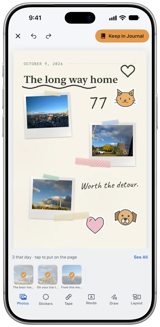 PicLoom's paper editor with a title, three photos, washi tape, cat and dog stickers and a handwritten line