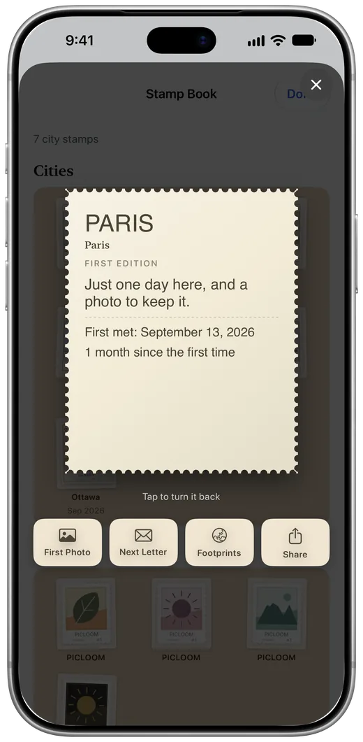 The back of the Paris stamp, with the first day you took photos there