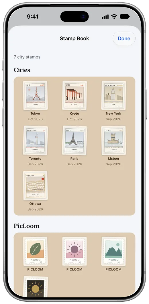 PicLoom's Stamp Book with seven engraved city stamps