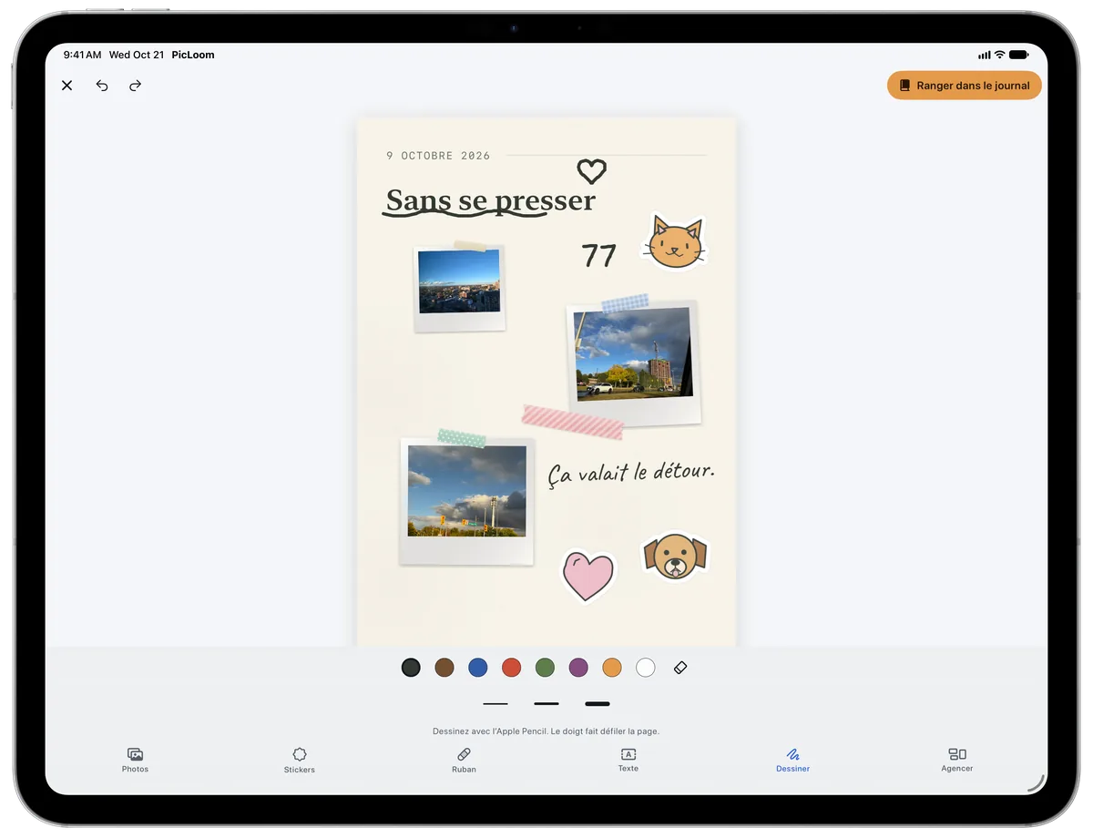 Fil des jours sur iPad : une vague, des cœurs et une flèche tracés à l’Apple Pencil