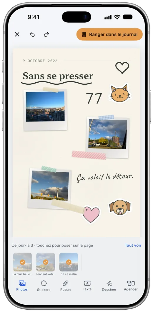 L’éditeur papier de Fil des jours : un titre, trois photos, du ruban, des autocollants chat et chien, une phrase manuscrite