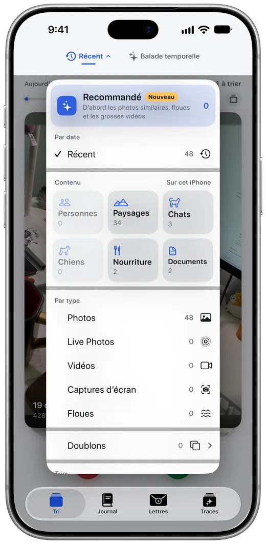Le menu Recommandé de Fil des jours : piles personnes, paysages, chats, plats et documents
