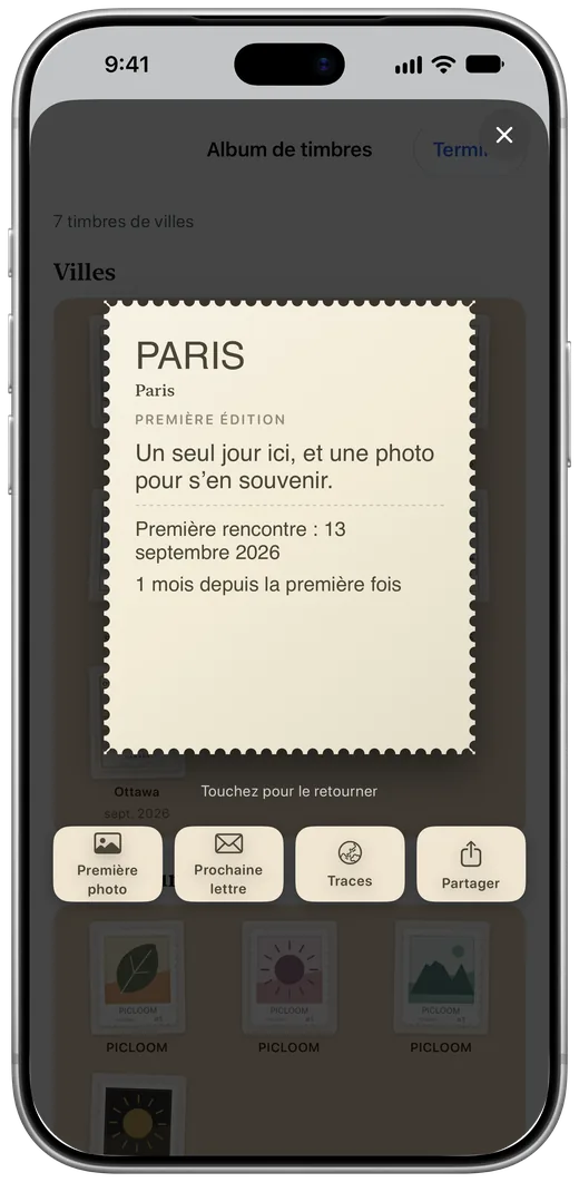 Le dos du timbre de Paris : le premier jour où vous y avez pris des photos