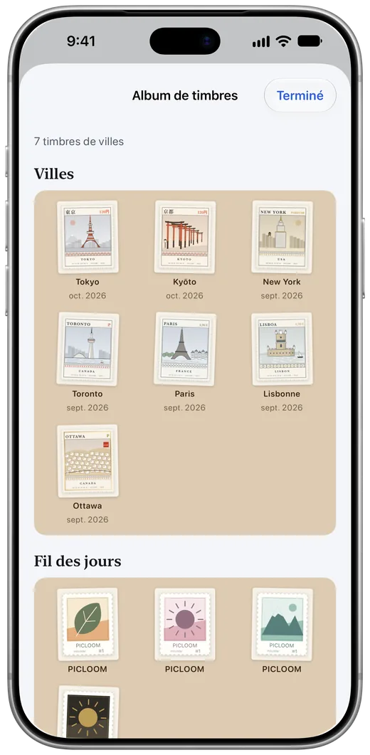 L’album de timbres de Fil des jours : sept timbres gravés de villes